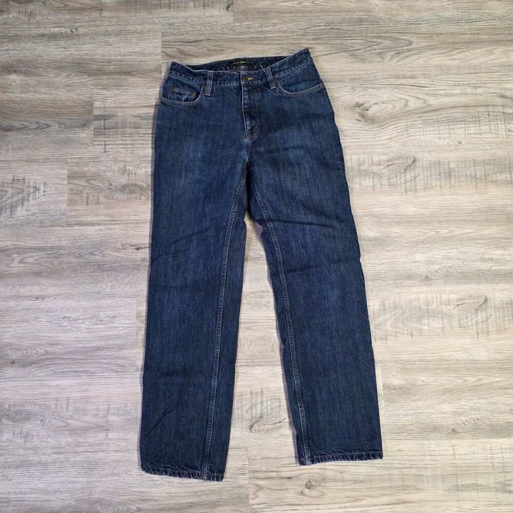 Eddie Bauer Straight-Leg Jeans in Dark Blue with Red Plaid Cuff - Picture 2 of 8